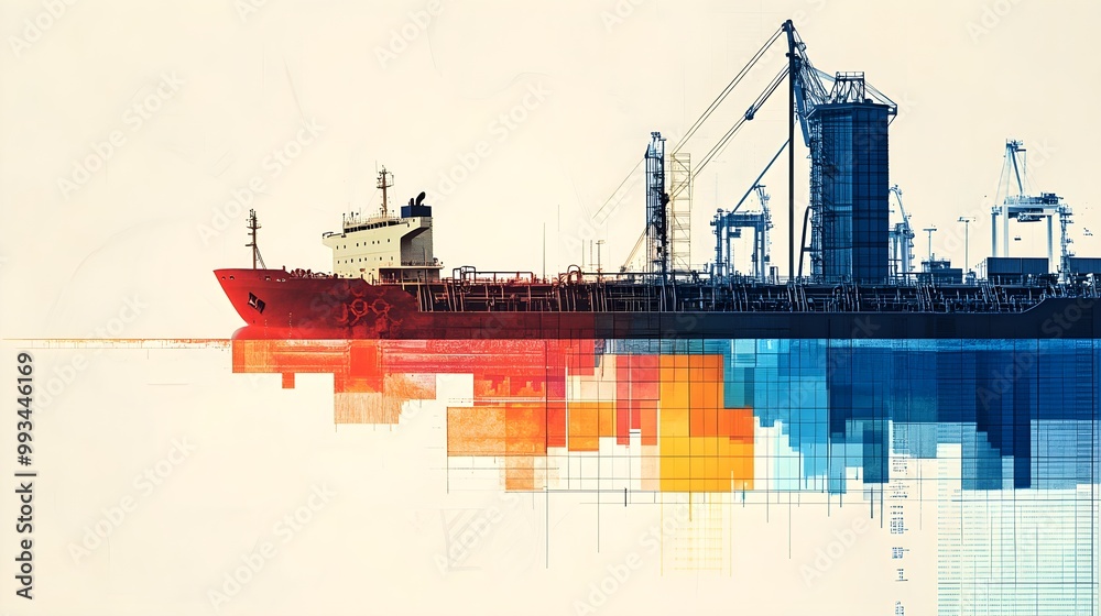 Obraz premium A chart showing the correlation between increasing oil prices and transportation costs, with images of cargo ships and trucks in the margins to emphasize the impact on logistics. 