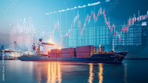 A chart showing the correlation between increasing oil prices and transportation costs, with images of cargo ships and trucks in the margins to emphasize the impact on logistics.  photo