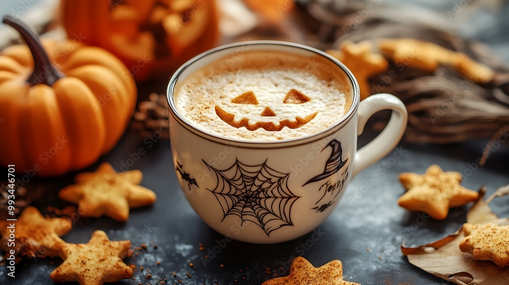 A cup of tea with a Halloween design on the frothy surface, placed on a table alongside mini pumpkin-shaped cookies and witch-themed decorations, creating a festive autumn ambiance. A cup of tea with a Halloween design on the frothy surface, placed on a table alongside mini pumpkin-shaped cookies and witch-themed decorations, creating a festive autumn ambiance.