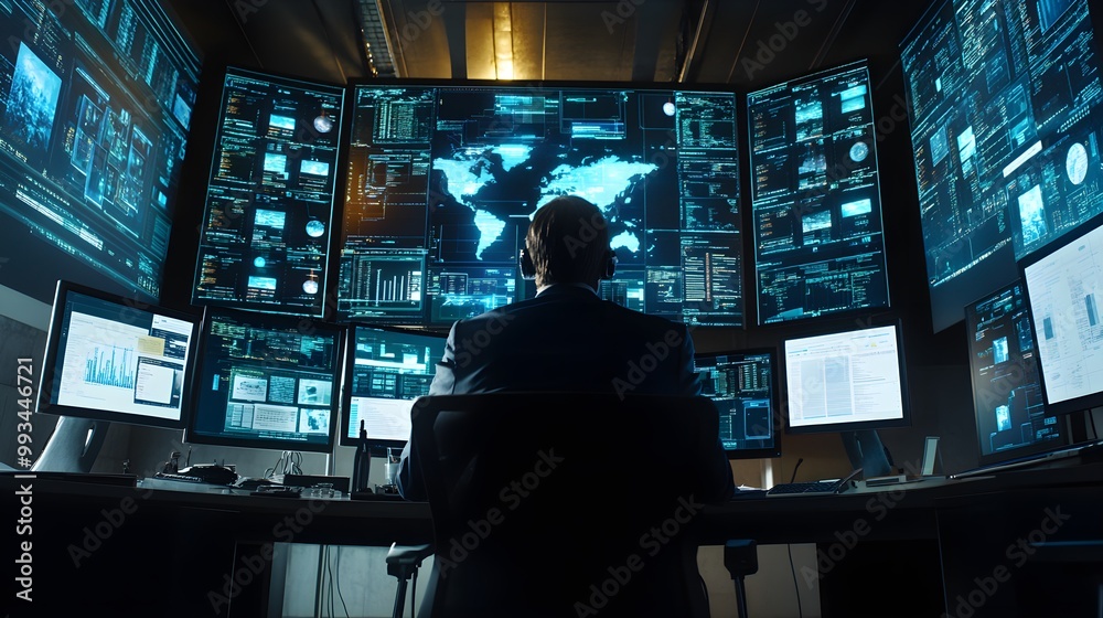 A cybersecurity professional in a control room monitoring a system for phishing threats, with digital representations of emails and security alerts on multiple screens. A cybersecurity professional in a control room monitoring a system for phishing threats, with digital representations of emails and security alerts on multiple screens.