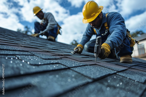 Two workers in yellow hard hats are installing roof tiles