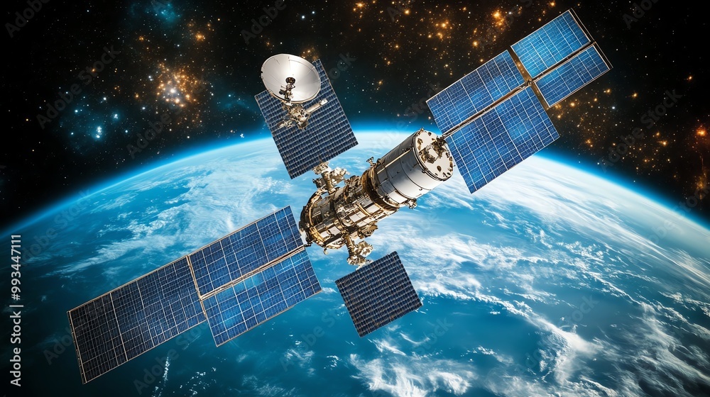 Satellite orbiting Earth with solar panels against a starry background. Satellite orbiting Earth with solar panels against a starry background.