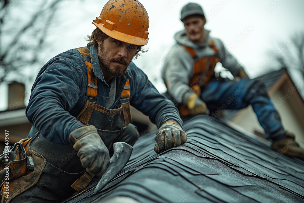 Two roofers in orange hard hats are working on a dark gray roof Two roofers in orange hard hats are working on a dark gray roof