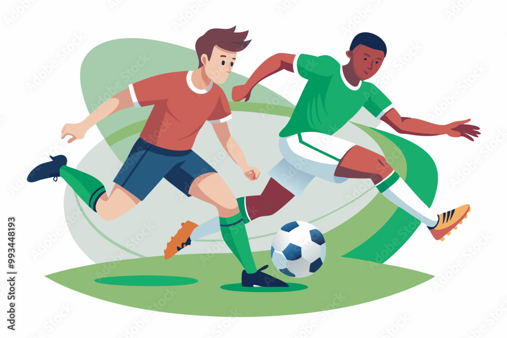 Obraz premium Two male footballers, one in a red jersey, the other in green, sprint towards a soccer ball on a grass field, capturing the competitive essence of a football game.