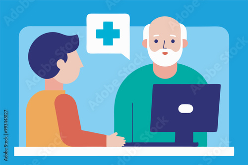 Virtual doctor's consultation. Elderly man in yellow shirt on right consults with younger doctor on computer screen. Calm, professional setting.
