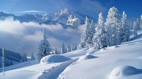 Majestic Snow Mountain with Billowing Clouds: A Breathtaking Natural Spectacle. Witness the Grandeur and Serenity.