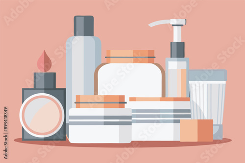 A 2D image displays 9 skincare and beauty items on a pink surface: black spray bottle, makeup compact, cream jars, and tubes, creating a circular arrangement for each product's distinction.