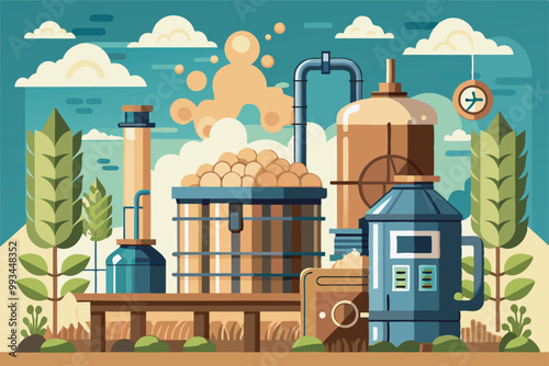 Industrial beer brewery with large beer vats connected by pipes, set against a backdrop of blue skies. Green plants and clocks hint at the blend of industry and nature in the brewing process.