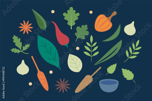 Assorted veggies, herbs, and spices showcased on a dark blue backdrop. Carrots, beets, onions, peppers, and herbs like parsley and basil are neatly arranged, 