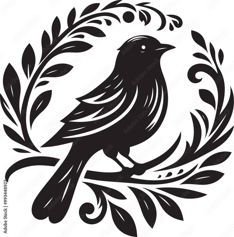 Obraz premium Black bird silhouette vector illustration, solid white background