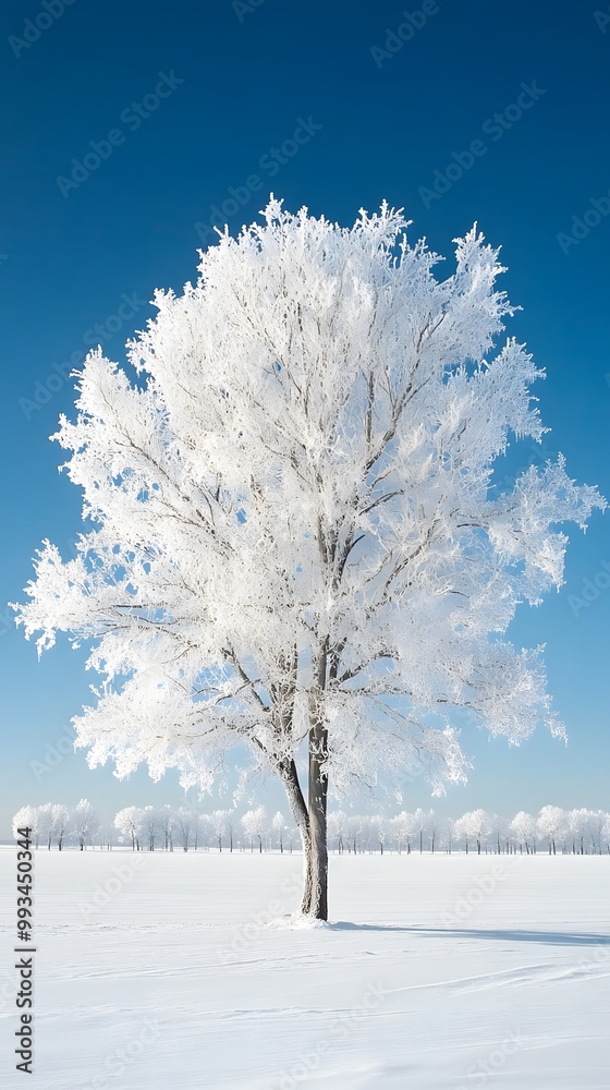 A beautiful tree, covered in snow, stands alone in the snowy field against a blue sky