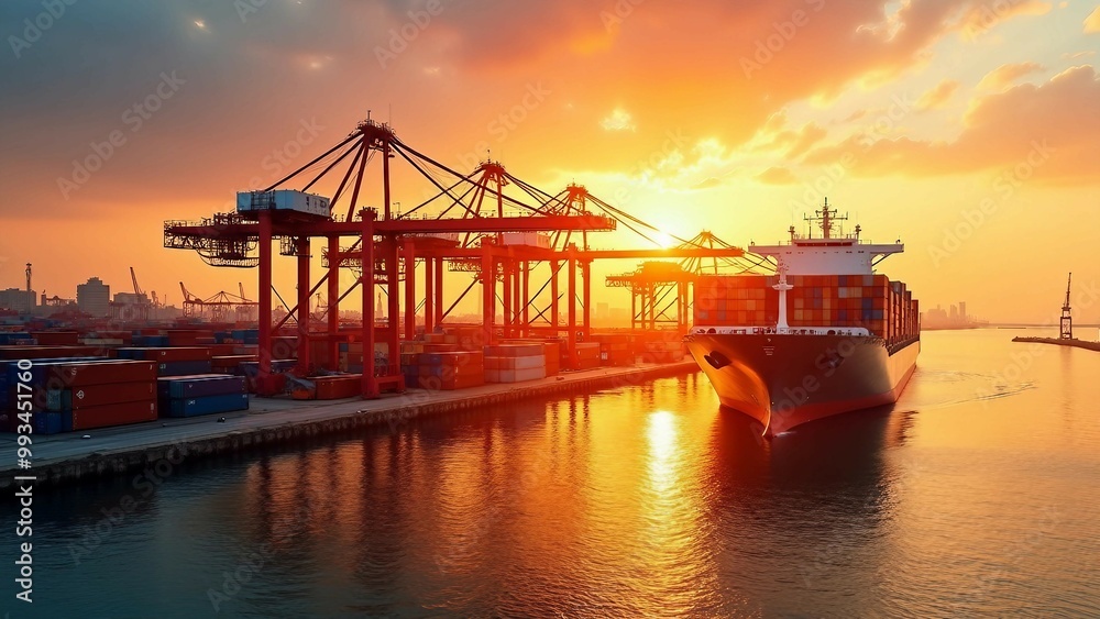 Cargo ship at a bustling port during a vibrant sunset Cargo ship at a bustling port during a vibrant sunset