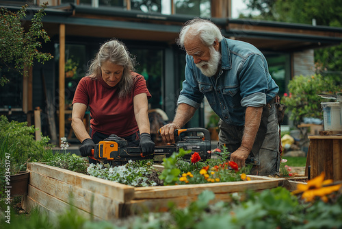 Wallpaper Mural A man and a woman are gardening in a raised wooden bed, tending to plants Torontodigital.ca