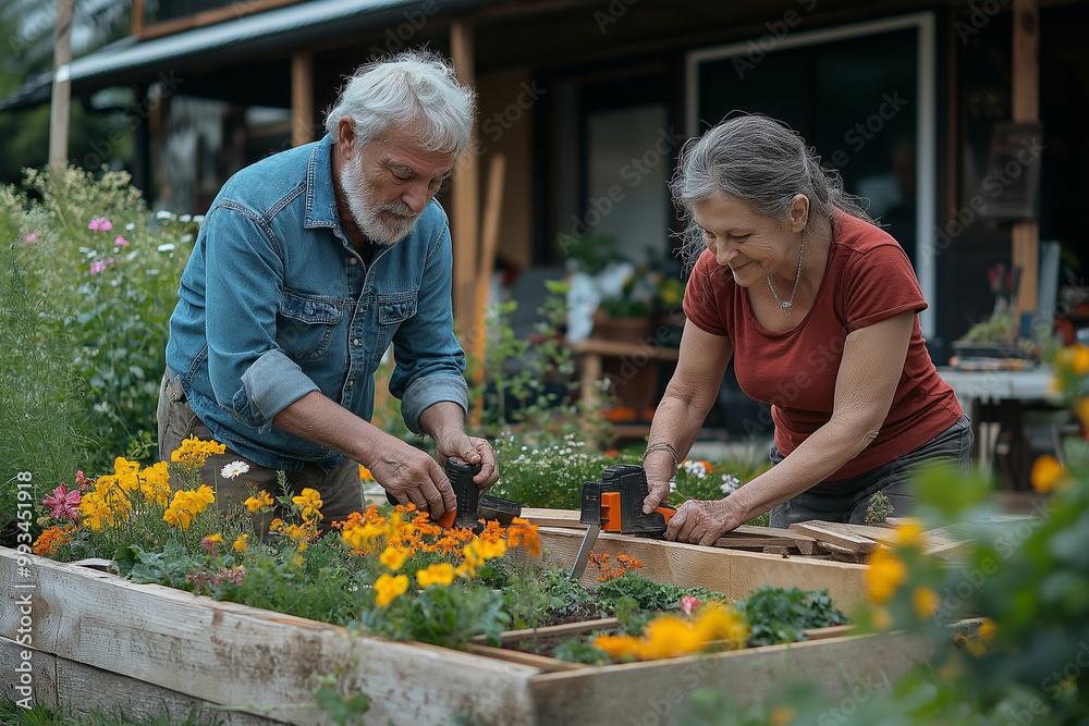 An older couple are gardening in a raised flower bed, planting flowers An older couple are gardening in a raised flower bed, planting flowers