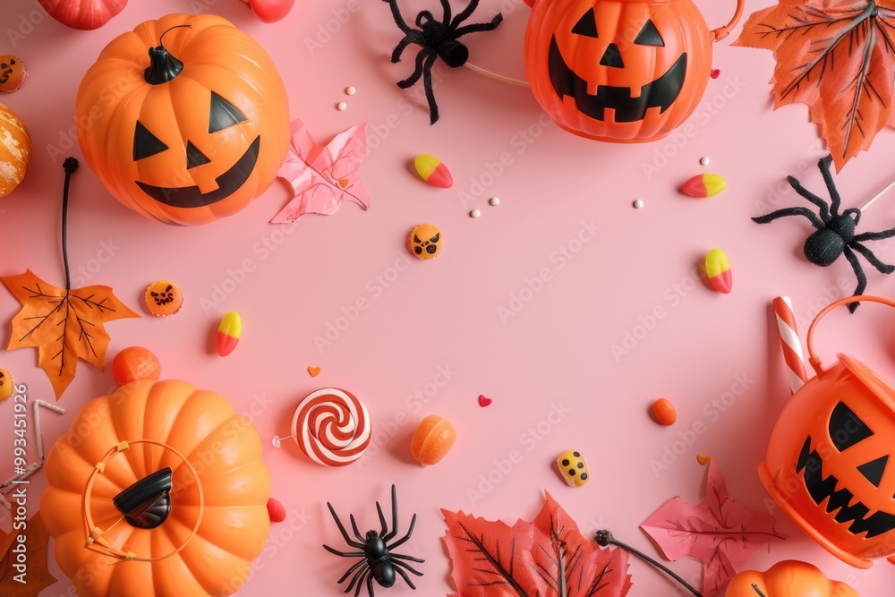 A pink table filled with Halloween decorations and accessories