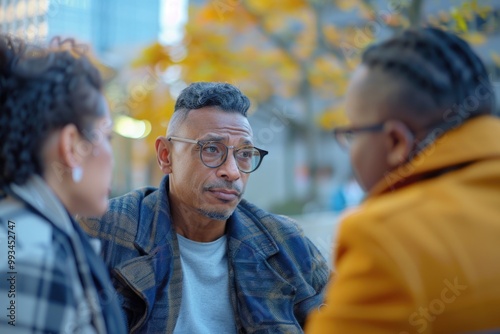 A businessman or intellectual type discussing with two females