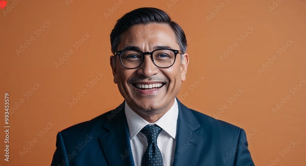 Joyful middleaged Hispanic man with glasses wearing suit on plain orange background Joyful middleaged Hispanic man with glasses wearing suit on plain orange background