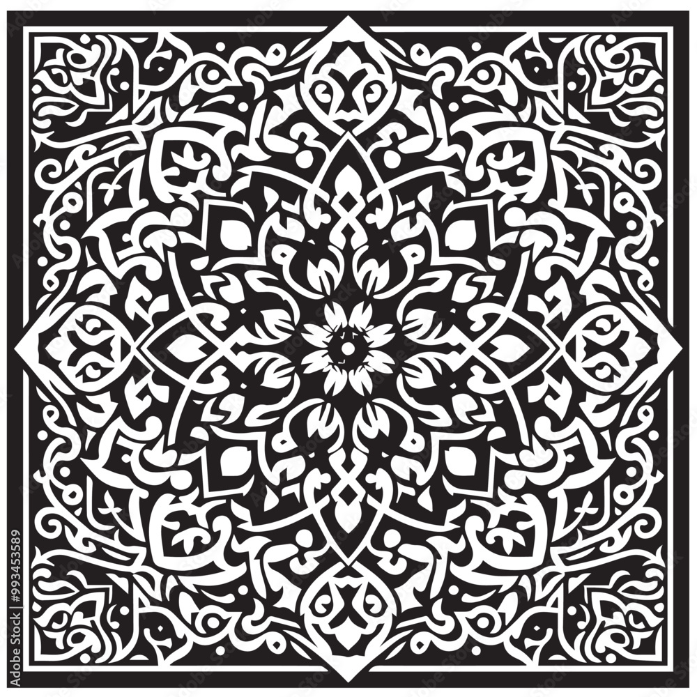 Intricate Moroccan-Inspired Black and White Square Tile Pattern Design: Elegant Geometric Motifs Intricate Moroccan-Inspired Black and White Square Tile Pattern Design: Elegant Geometric Motifs