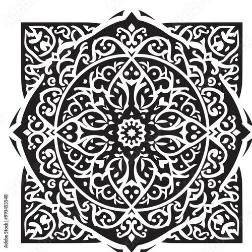 Intricate Moroccan-Inspired Black and White Square Tile Pattern Design: Elegant Geometric Motifs