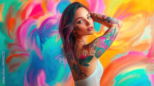 Vibrant Tattooed Young Woman Striking a Confident Pose Amid Colorful Swirls