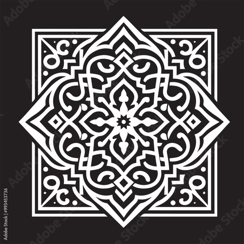 Intricate Moroccan-Inspired Black and White Square Tile Pattern Design: Elegant Geometric Motifs