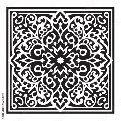 Intricate Moroccan-Inspired Black and White Square Tile Pattern Design: Elegant Geometric Motifs
