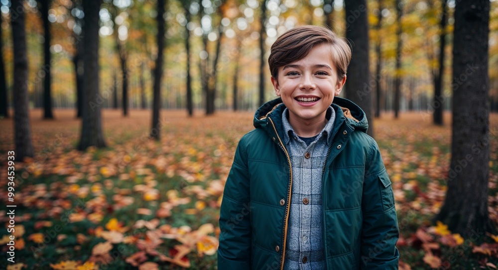 Joyful young Caucasian boy wearing a jacket in a forest during autumn Joyful young Caucasian boy wearing a jacket in a forest during autumn