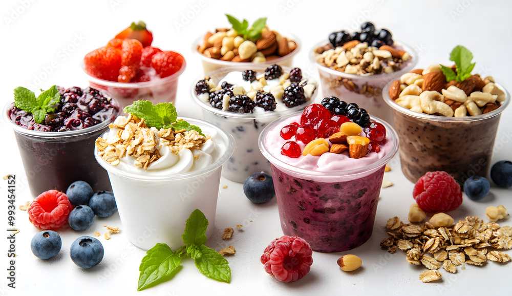 Assorted Yogurt Cups with Fresh Berries, Nuts, and Fruits – Healthy Snack Selection Assorted Yogurt Cups with Fresh Berries, Nuts, and Fruits – Healthy Snack Selection