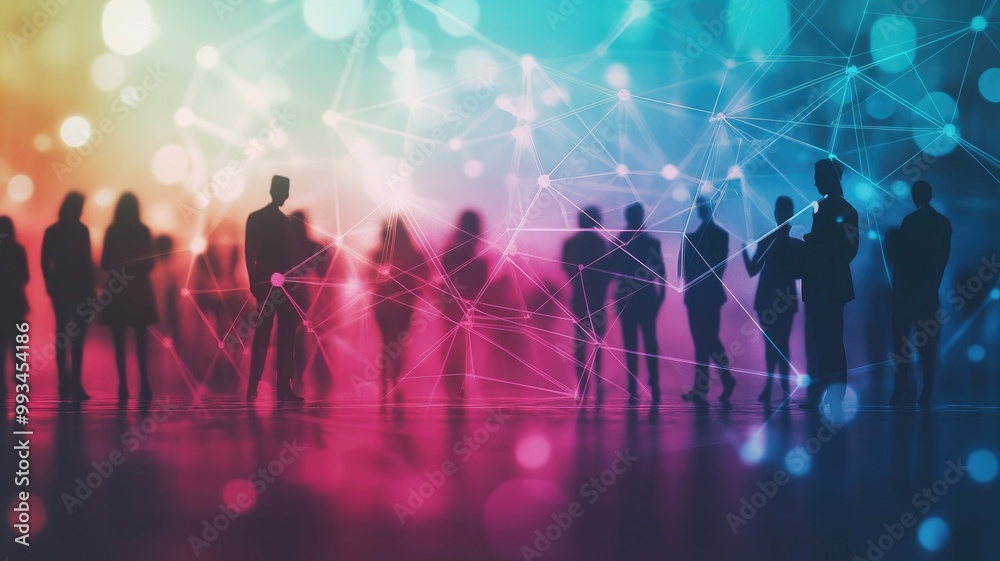 Abstract image of diverse group silhouettes with vibrant interconnected lines and bokeh lights Abstract image of diverse group silhouettes with vibrant interconnected lines and bokeh lights