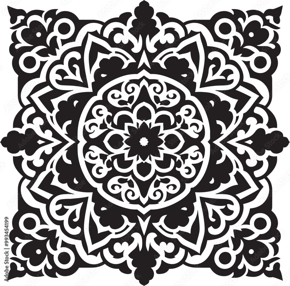 Intricate Moroccan-Inspired Black and White Square Tile Pattern Design: Elegant Geometric Motifs Intricate Moroccan-Inspired Black and White Square Tile Pattern Design: Elegant Geometric Motifs
