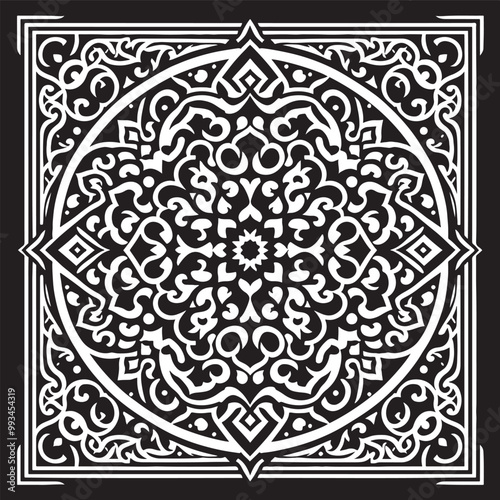 Intricate Moroccan-Inspired Black and White Square Tile Pattern Design: Elegant Geometric Motifs