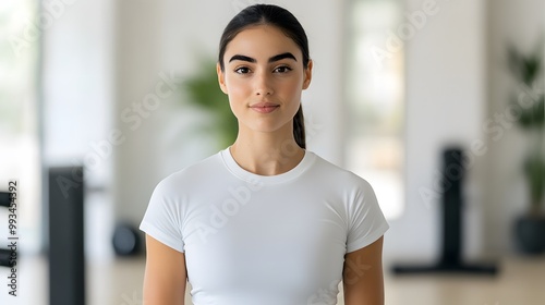 Free Download A confident young woman in a fitted white shirt stands in a bright, modern fitness environment. - GFXLoad