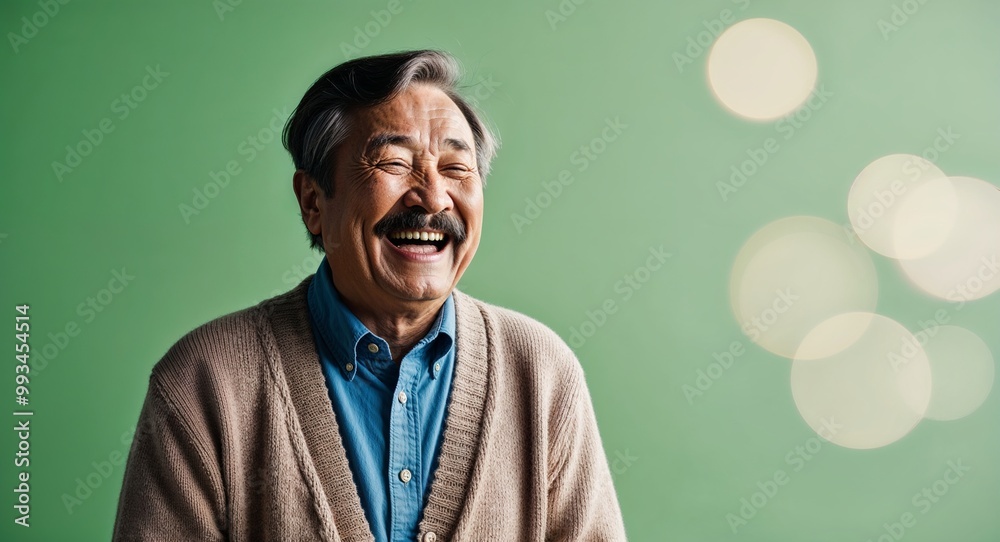 Laughing elderly Asian man with mustache wearing cardigan on plain green background Laughing elderly Asian man with mustache wearing cardigan on plain green background