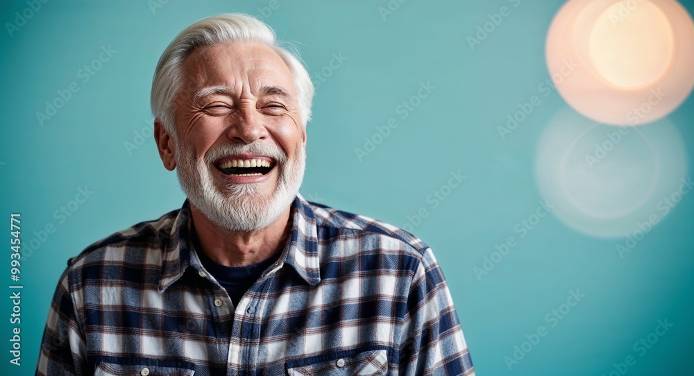 Obraz premium Laughing elderly Caucasian man with white beard wearing flannel shirt on plain turquoise background