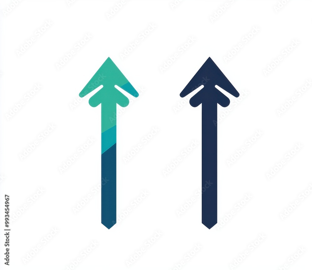 Two contrasting arrows pointing up on a white background, symbolizing direction, growth, and progress with blue and green color contrast. Two contrasting arrows pointing up on a white background, symbolizing direction, growth, and progress with blue and green color contrast.