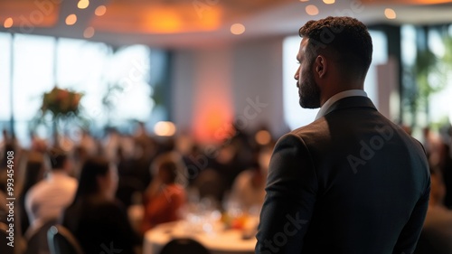 Businessman in seminar room with audience, viewed from behind