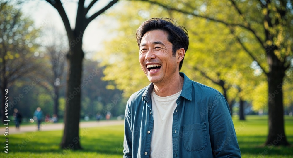 Laughing middleaged Asian man wearing casual clothes in a park during spring Laughing middleaged Asian man wearing casual clothes in a park during spring