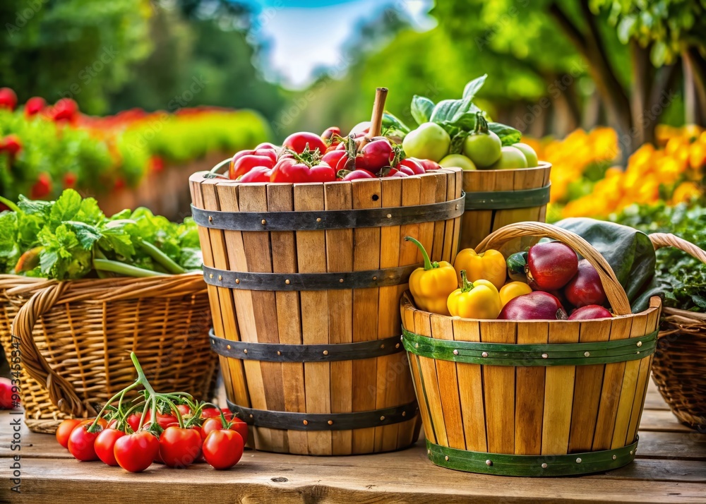 Rustic Wooden Bushel Baskets Stacked Together on a Table with Fresh Produce in a Farm Setting Rustic Wooden Bushel Baskets Stacked Together on a Table with Fresh Produce in a Farm Setting