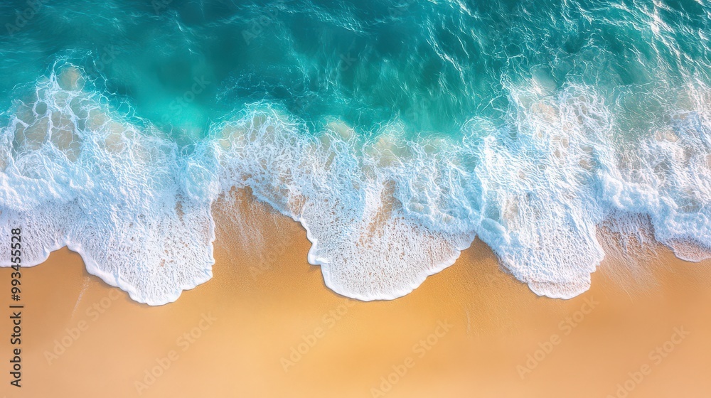 Top view of the coast with waves crashing onto the beach. Aerial view showcasing azure waters from a drone perspective. Perfect summer seascape captured from above, highlighting the beauty of vacation Top view of the coast with waves crashing onto the beach. Aerial view showcasing azure waters from a drone perspective. Perfect summer seascape captured from above, highlighting the beauty of vacation