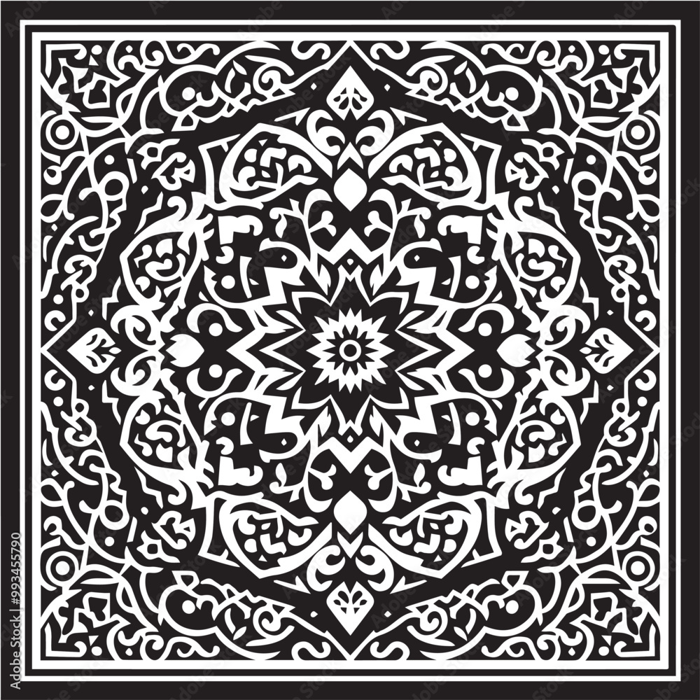 Intricate Moroccan-Inspired Black and White Square Tile Pattern Design: Elegant Geometric Motifs Intricate Moroccan-Inspired Black and White Square Tile Pattern Design: Elegant Geometric Motifs