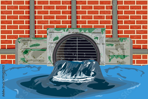 Wastewater,dirty water and pipe on brick wall background.Sewer system and pipe.From tube flowing toxic liquid into river or sea.Waste water pollution from industry.Industrial drain.Vector illustration