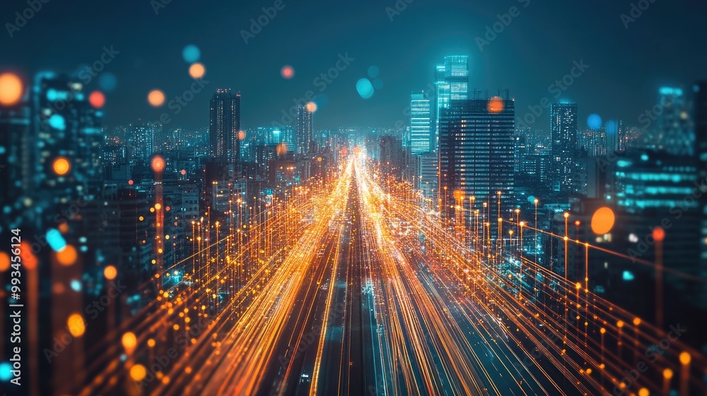 Blurred lights stream in cityscape at night, creating futuristic skyline Blurred lights stream in cityscape at night, creating futuristic skyline