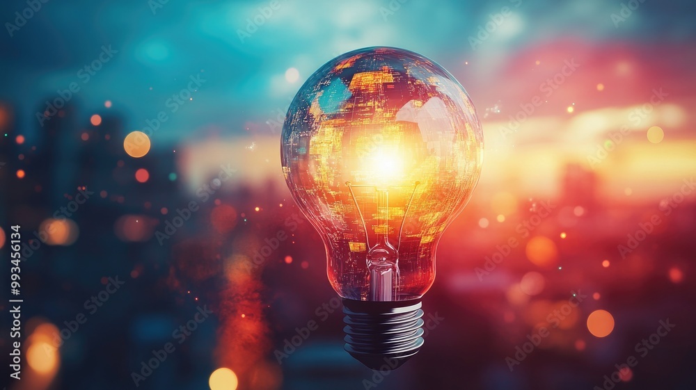 Glowing lightbulb with city reflections, symbolizing innovation and technology Glowing lightbulb with city reflections, symbolizing innovation and technology