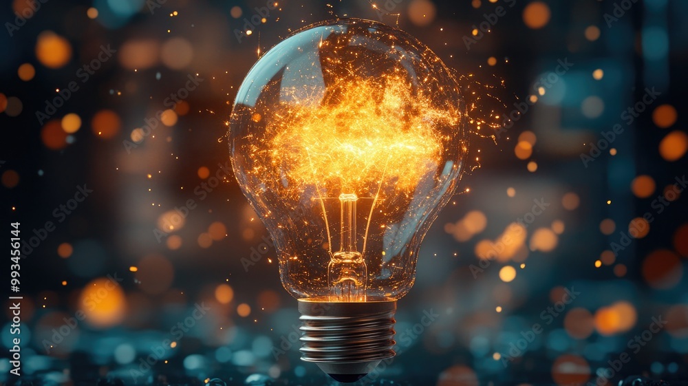 Glowing light bulb amidst warm bokeh lights in dark background Glowing light bulb amidst warm bokeh lights in dark background