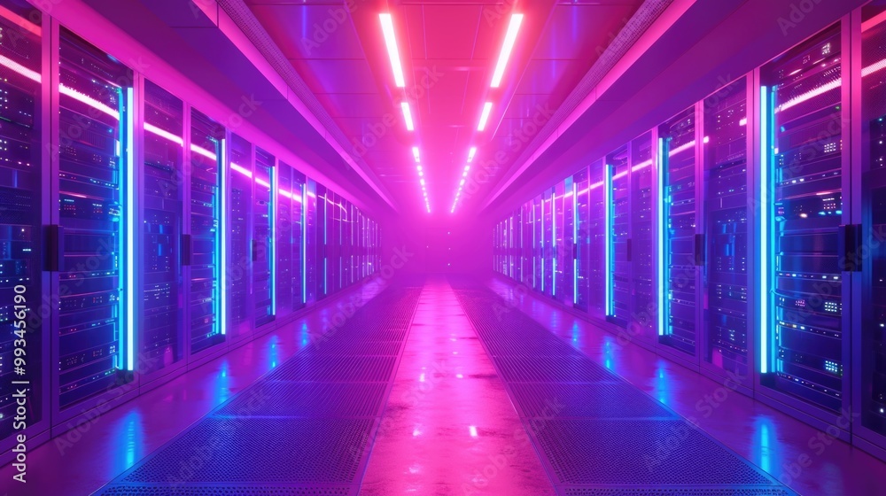 Rows of servers and neon lights in a data center hallway Rows of servers and neon lights in a data center hallway