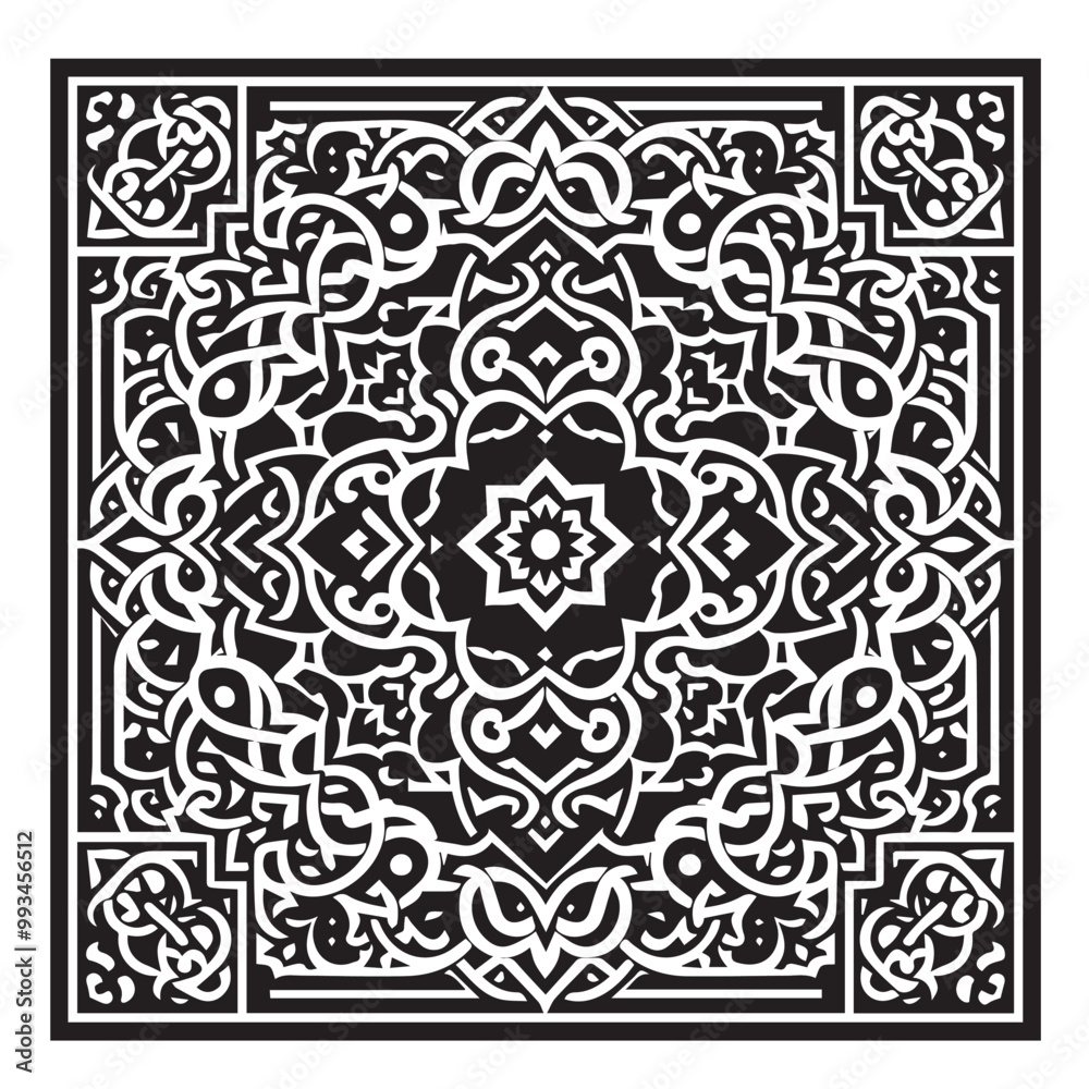 Intricate Moroccan-Inspired Black and White Square Tile Pattern Design: Elegant Geometric Motifs Intricate Moroccan-Inspired Black and White Square Tile Pattern Design: Elegant Geometric Motifs