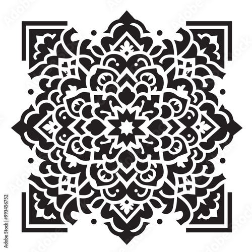 Intricate Moroccan-Inspired Black and White Square Tile Pattern Design: Elegant Geometric Motifs