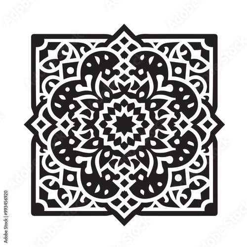 Intricate Moroccan-Inspired Black and White Square Tile Pattern Design: Elegant Geometric Motifs