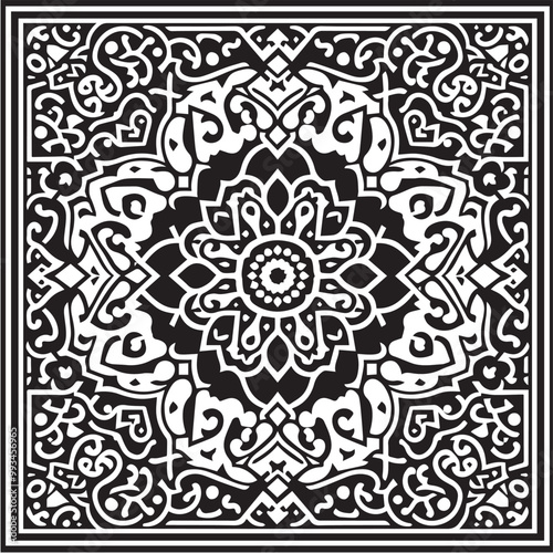 Intricate Moroccan-Inspired Black and White Square Tile Pattern Design: Elegant Geometric Motifs