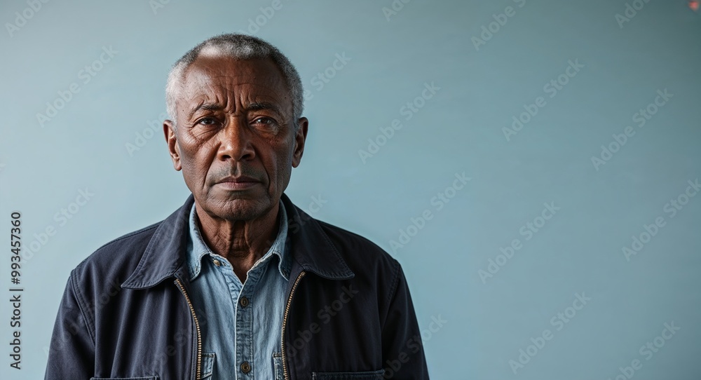Serious elderly Black man with short grey hair wearing jacket on plain light blue background Serious elderly Black man with short grey hair wearing jacket on plain light blue background